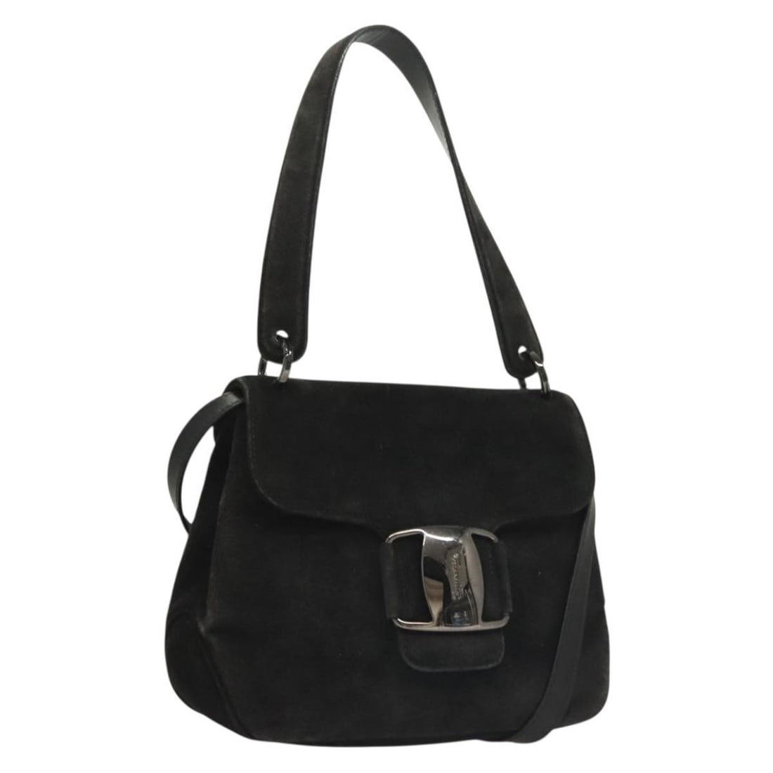 Salvatore Ferragamo Black Silver Suede Handbag Authenticated Italy: Salvatore Ferragamo Black Silver Suede Handbag Authenticated Italy This elegant Salvatore Ferragamo hand bag is crafted from luxurious black suede, complemented by silver accents. Designed for style a