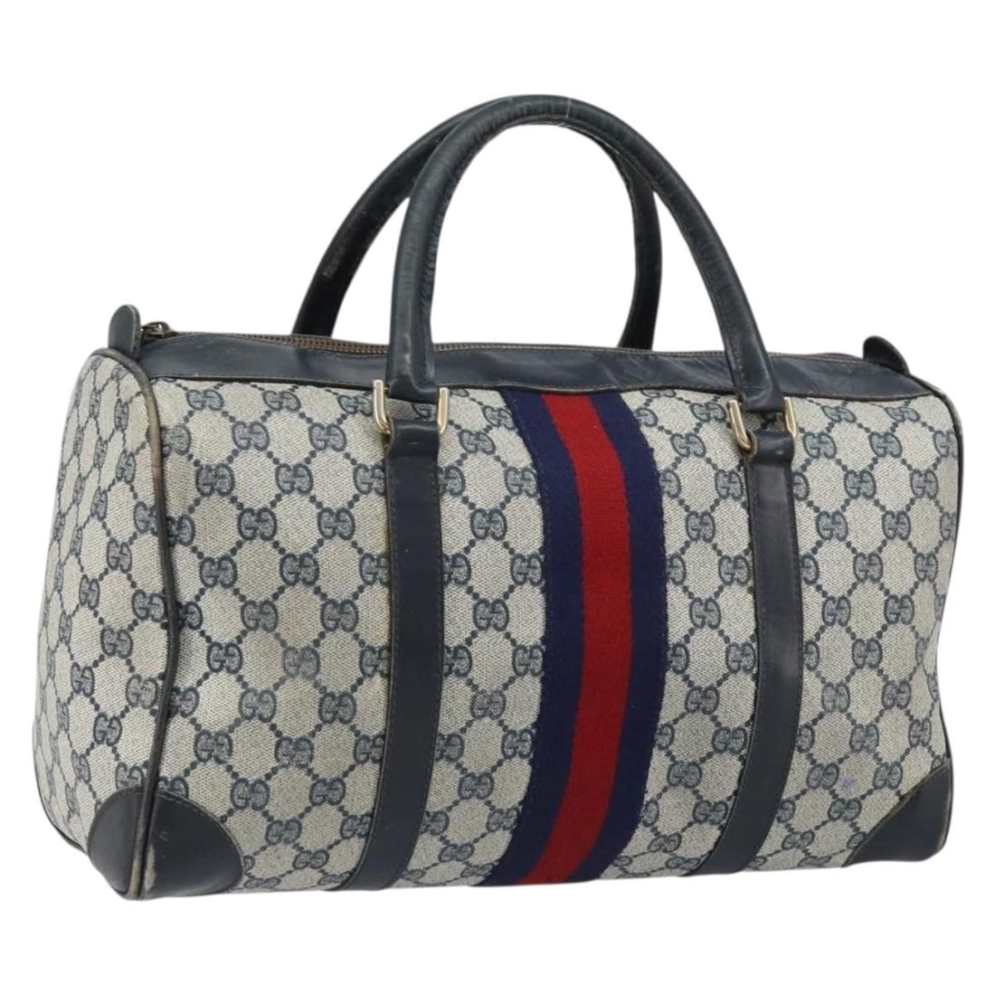 Gucci Sherry Line GG Supreme Boston Bag Navy PVC Leather: Gucci Sherry Line GG Supreme Boston Bag Navy PVC Leather This Gucci Sherry Line Boston Bag is crafted from PVC leather and GG canvas in a navy and gold colorway. Made in Italy, it features a 34 cm wid