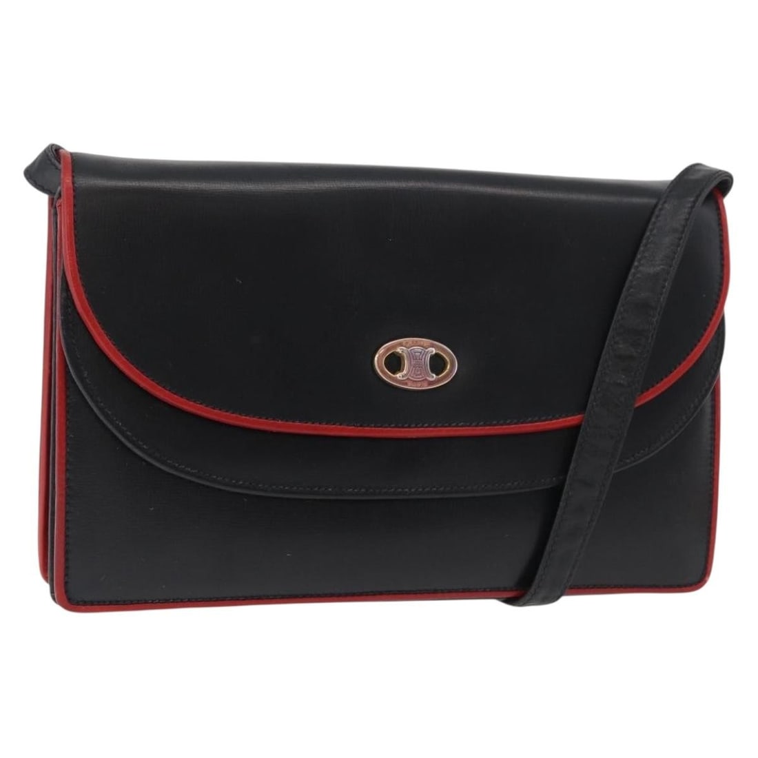 CELINE Leather Shoulder Bag Double Flap Black Gold Tone 177277A: CELINE Leather Shoulder Bag Double Flap Black Gold Tone 177277A CELINE double flap shoulder bag in black leather with gold-tone exterior details. Made in Italy, this women's shoulder bag measures appr