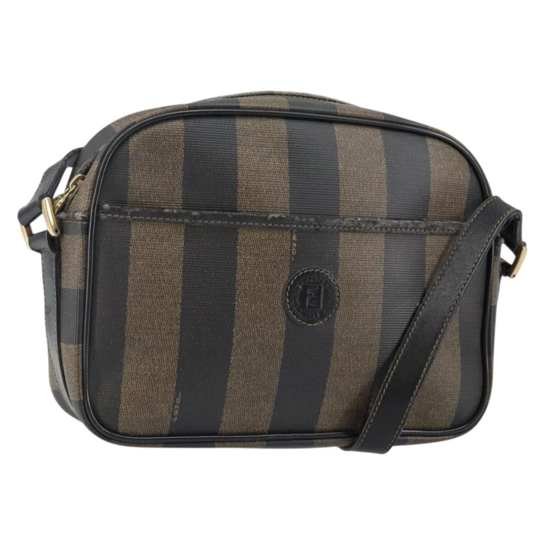 Fendi PVC Leather Shoulder Bag Black Brown Gold Made in Italy: Fendi PVC Leather Shoulder Bag Black Brown Gold Made in Italy Introducing the Fendi Pecan Canvas Shoulder Bag, a stylish accessory crafted in Italy. This shoulder bag features a unique combination of 