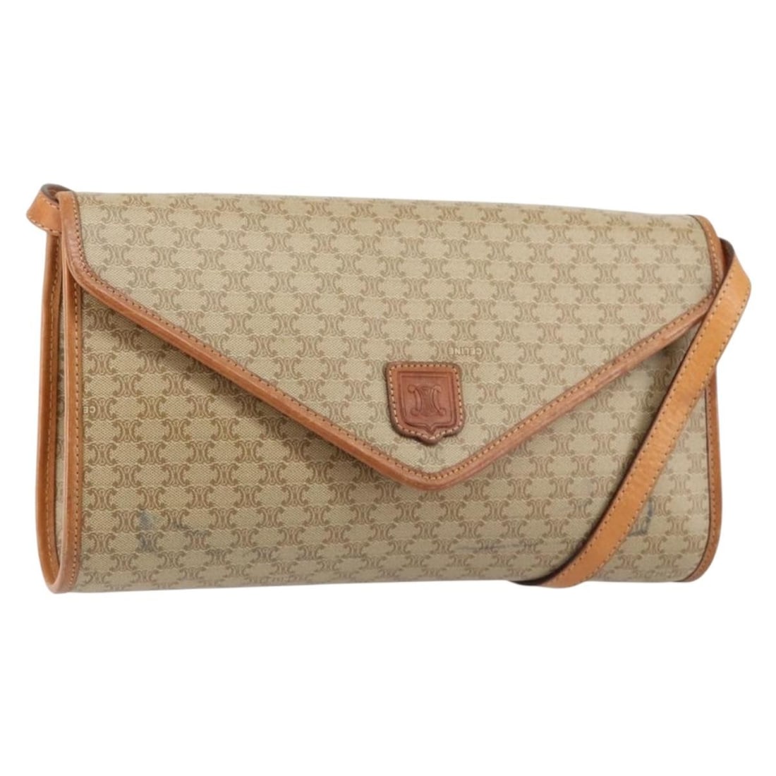 CELINE Beige Gold PVC Leather Macadam Shoulder Bag Italy Auth BA6573: CELINE Beige Gold PVC Leather Macadam Shoulder Bag Italy Auth BA6573 This CELINE Macadam Canvas Shoulder Bag seamlessly combines sophistication and practicality. Crafted in Italy, the bag showcases a 