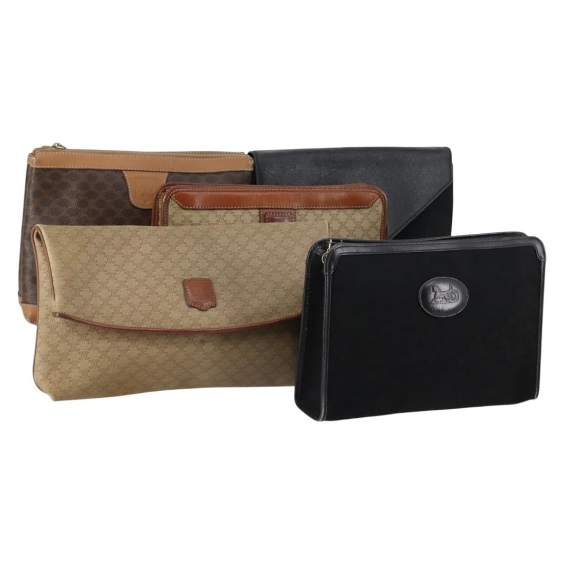 5 Piece Clutch Bag Bundle Macadam Canvas and Leather Beige Black Brown: 5 Piece Clutch Bag Bundle Macadam Canvas and Leather Beige Black Brown A Fendi Macadam canvas and leather clutch bag set in beige, black, and brown. This special bundle offer is described as a 5-piece