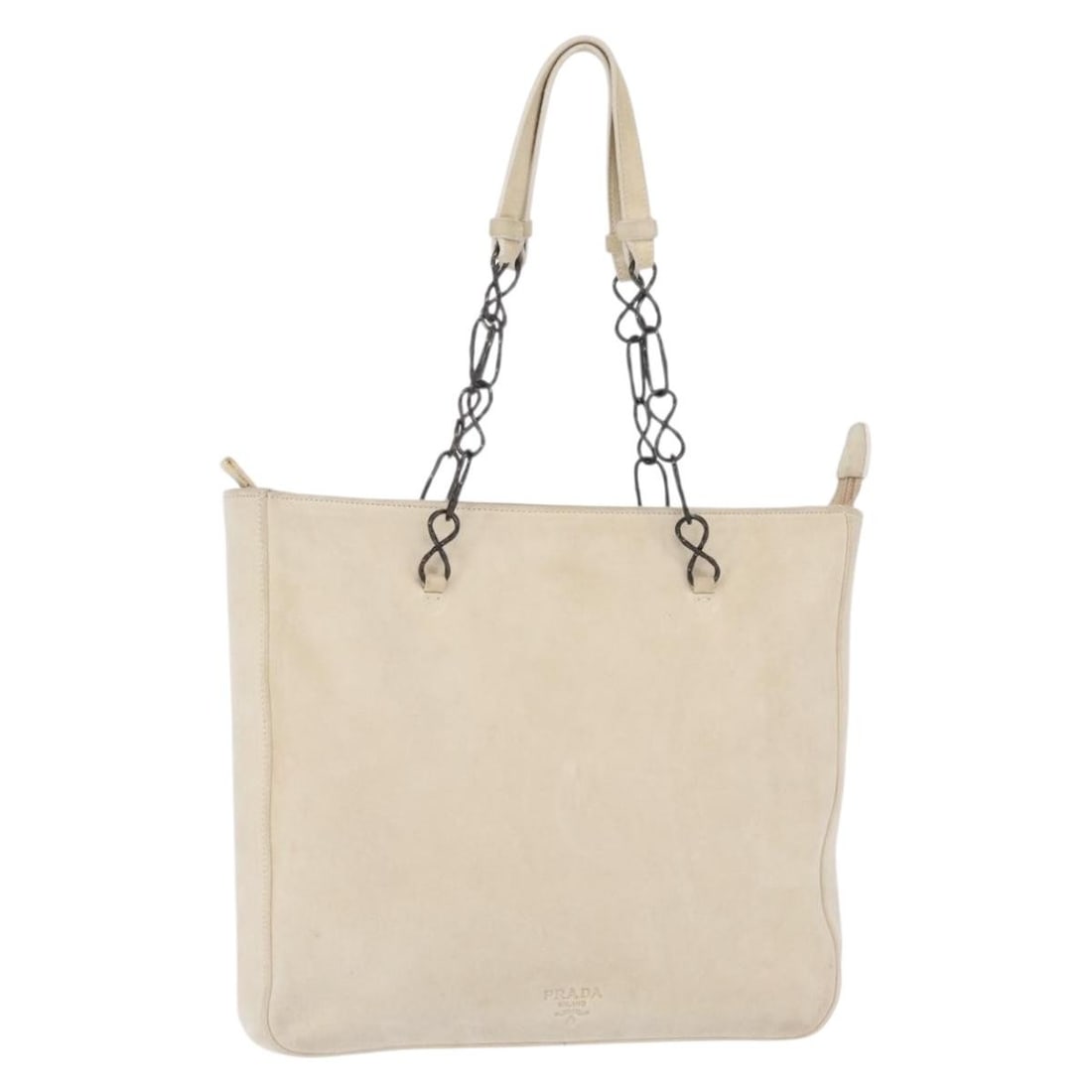White Suede Prada Shoulder Bag with Chain Strap Made in Italy: White Suede Prada Shoulder Bag with Chain Strap Made in Italy This PRADA shoulder bag features a white suede exterior with a chain shoulder strap. The bag is made in Italy and designed for everyday us
