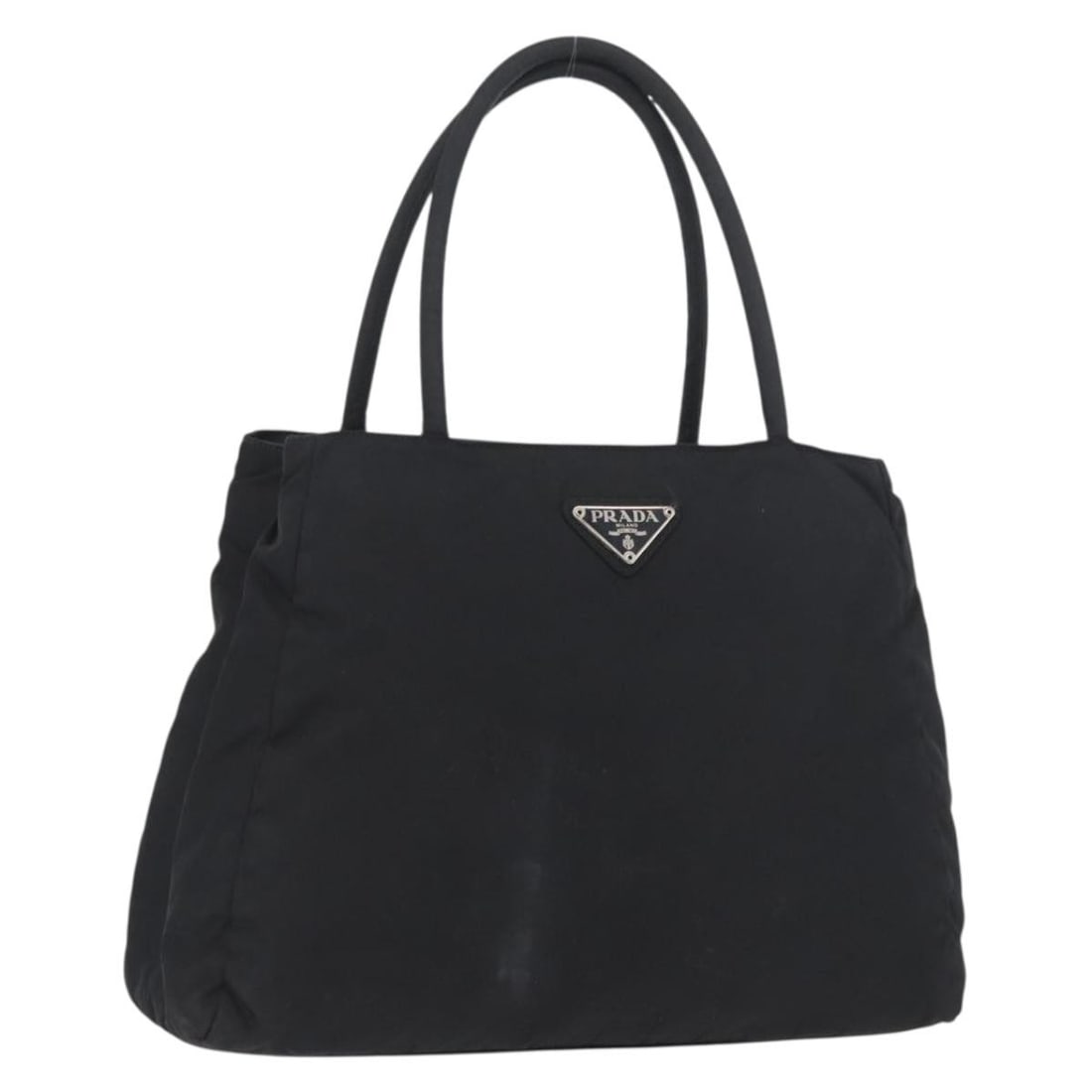 Prada Black Nylon Tote Bag Silver Tone Made in Italy: Prada Black Nylon Tote Bag Silver Tone Made in Italy PRADA tote bag in black and silver nylon, made in Italy. This women's tote bag measures approximately 32 cm W x 25 cm H x 11 cm D, with a handle dr