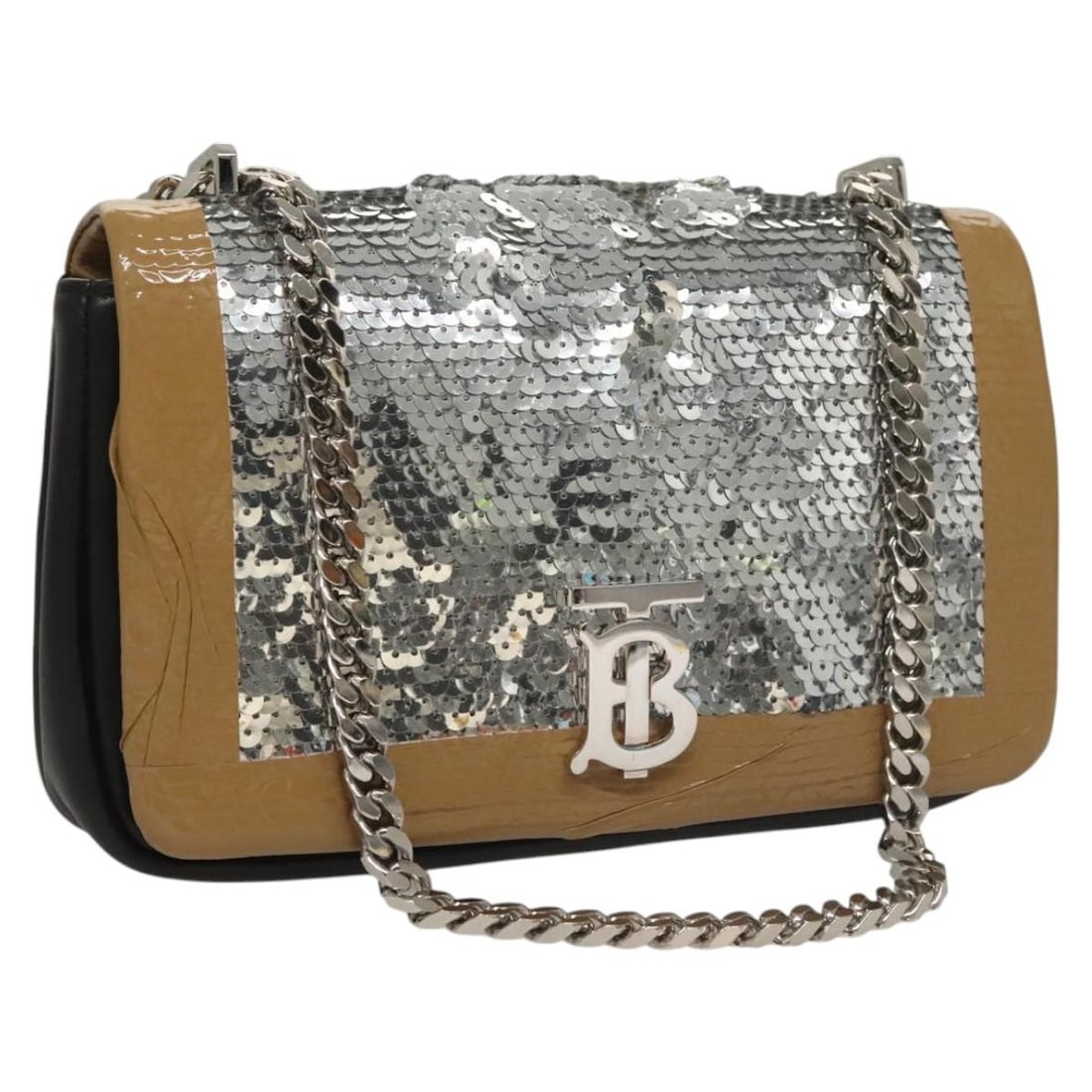 Burberry Leather Shoulder Bag Silver Sequin Chain Made in Italy: Burberry Leather Shoulder Bag Silver Sequin Chain Made in Italy A Burberry sequin chain shoulder bag in silver leather, made in Italy. It has a shoulder bag style and measures approximately W23 x H16 
