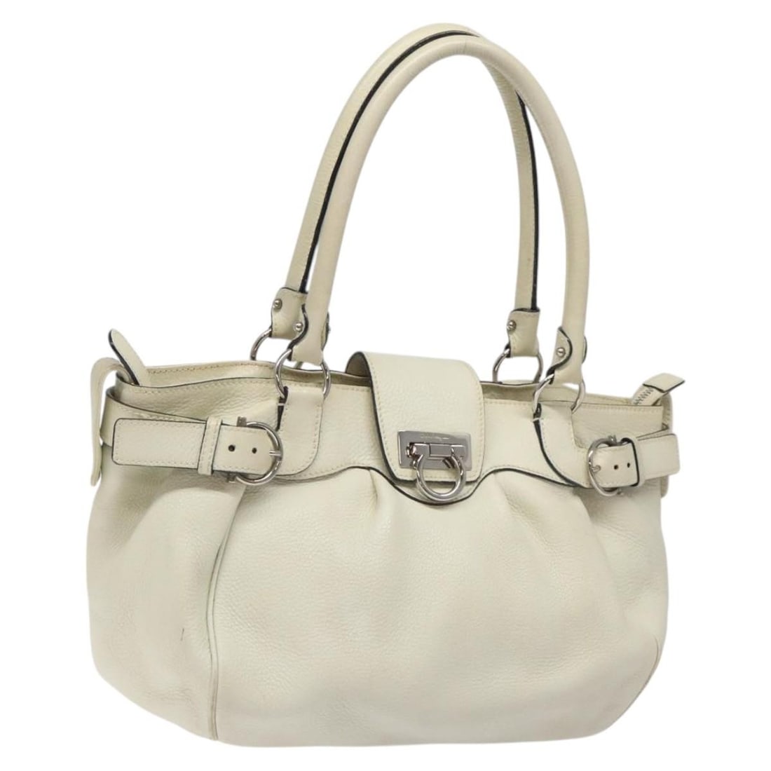 Salvatore Ferragamo Gancini White Leather Shoulder Bag for Women: Salvatore Ferragamo Gancini White Leather Shoulder Bag for Women This Salvatore Ferragamo Gancini shoulder bag features a white and silver leather exterior and is designed for women. Made in Italy, th