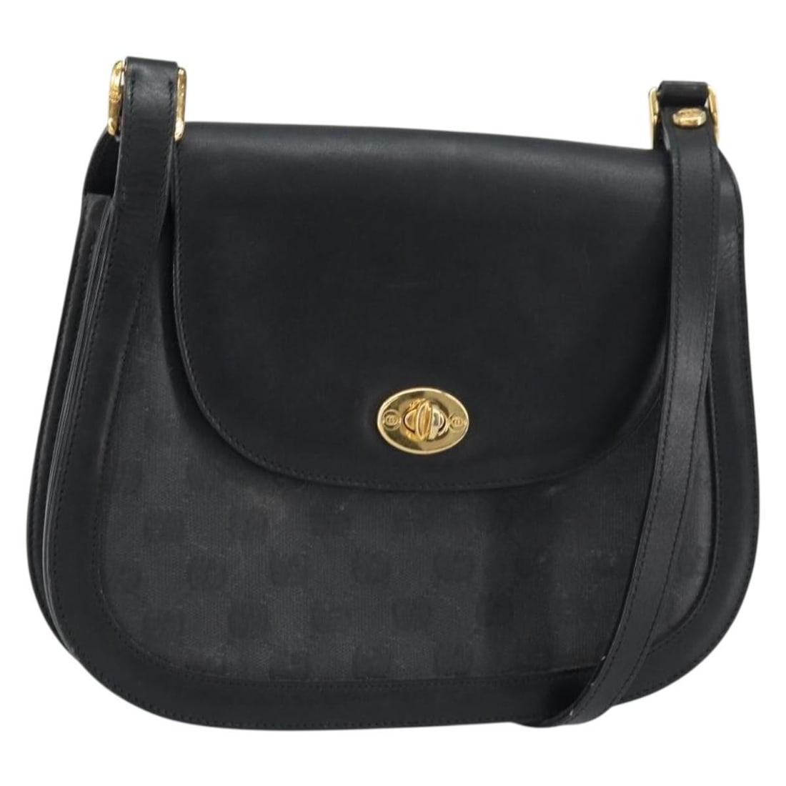 Gucci 001 084 0905 GG Supreme PVC Leather Shoulder Bag Black Gold: Gucci 001 084 0905 GG Supreme PVC Leather Shoulder Bag Black Gold A Gucci shoulder bag in black and gold, made from PVC leather and GG canvas. It measures approximately 25 cm wide, 19 cm high, and 3 c