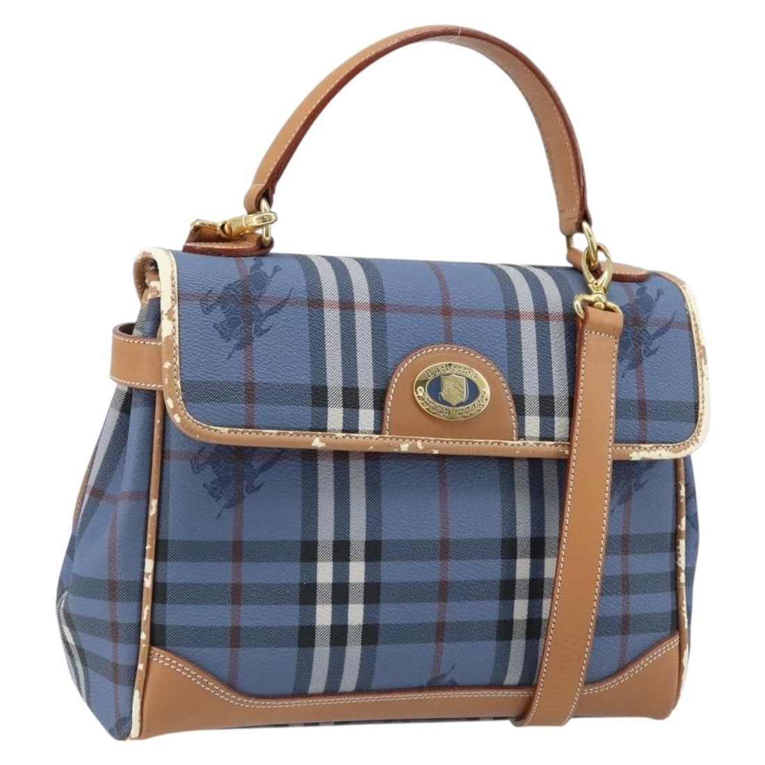 Burberrys Blue PVC Nova Check Handbag with Shoulder Strap: Burberrys Blue PVC Nova Check Handbag with Shoulder Strap This Burberrys Nova Check hand bag features a versatile 2-way design in blue and gold tones, crafted from durable PVC leather. Designed for wo