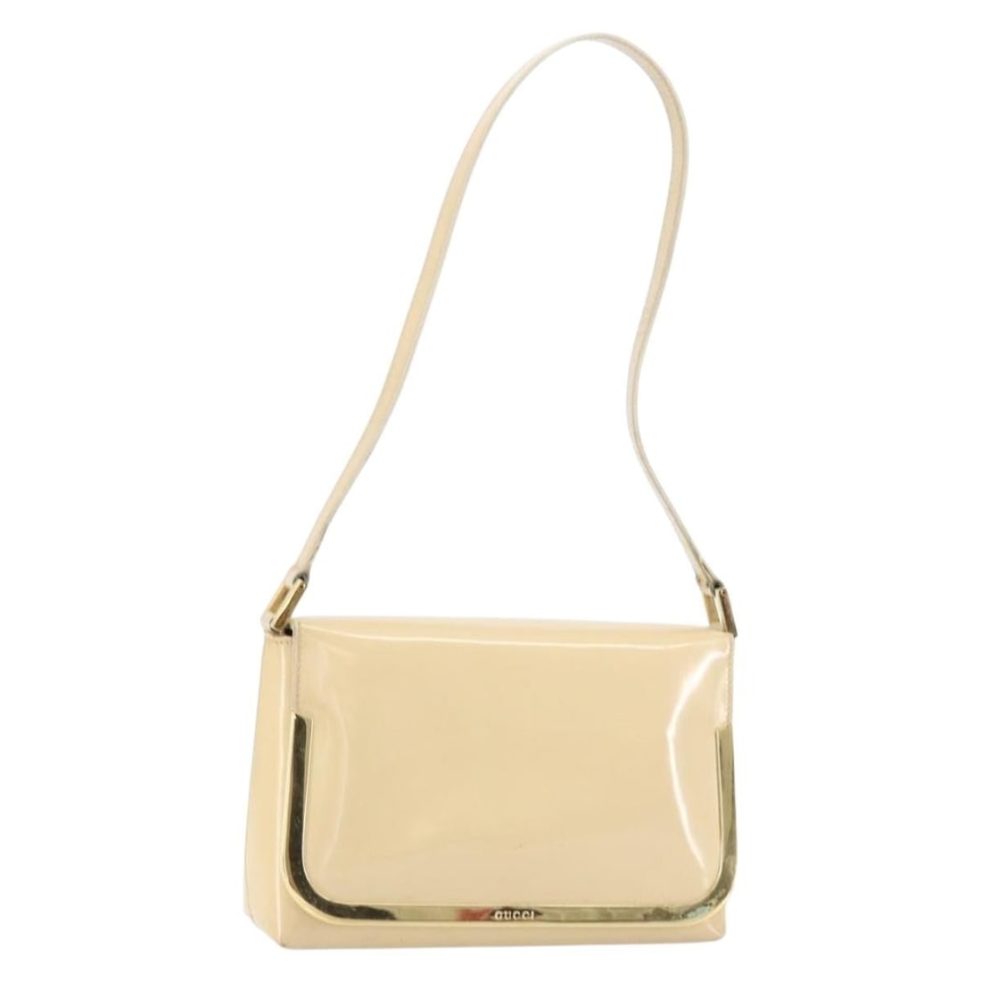 Gucci Beige Patent Leather Shoulder Bag 007 2113 0278 Gold Accents: Gucci Beige Patent Leather Shoulder Bag 007 2113 0278 Gold Accents This GUCCI shoulder bag is crafted from beige and gold patent leather and designed for women. The bag features a compact silhouette w