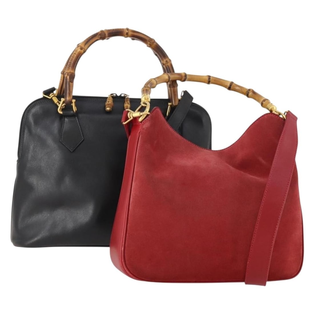 Gucci 2 Piece Handbag Set Black Red Leather Bamboo Handle: Gucci 2 Piece Handbag Set Black Red Leather Bamboo Handle A Gucci bamboo handbag set in black and red leather. The item is described as a special bundle offer, and the condition reflects heavy use wit