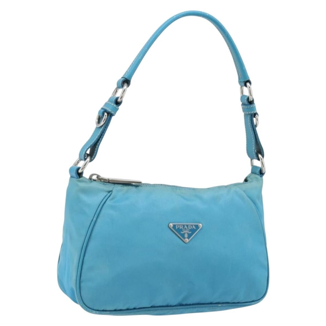 PRADA Nylon Shoulder Bag in Light Blue and Silver Made in Italy: PRADA Nylon Shoulder Bag in Light Blue and Silver Made in Italy Prada shoulder bag in light blue and silver nylon, made in Italy. Designed for women, it measures approximately 9.1 x 5.9 x 3.1 inches w