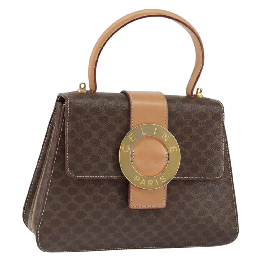 Celine Circle Macadam Brown PVC Leather Handbag Italy: Celine Circle Macadam Brown PVC Leather Handbag Italy Celine Circle Macadam canvas handbag in brown and gold PVC leather. Made in Italy, this hand bag features a handle drop of approximately 11 cm and