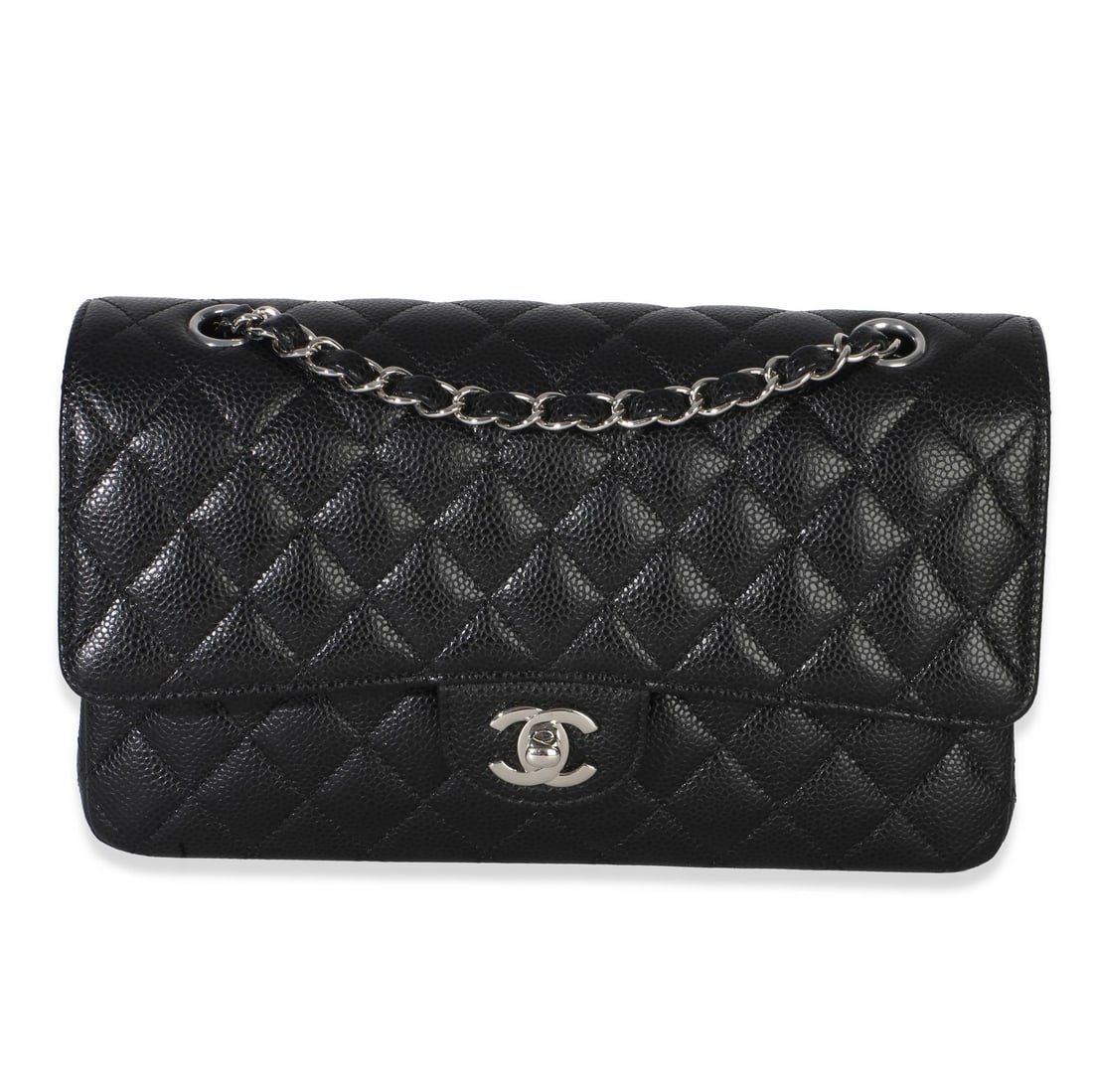 Chanel Medium Classic Double Flap Black Caviar Leather Shoulder Bag: Chanel Medium Classic Double Flap Black Caviar Leather Shoulder Bag This Chanel Medium Classic Double Flap Handbag features black quilted caviar leather and silver-tone hardware. Designed in France, i