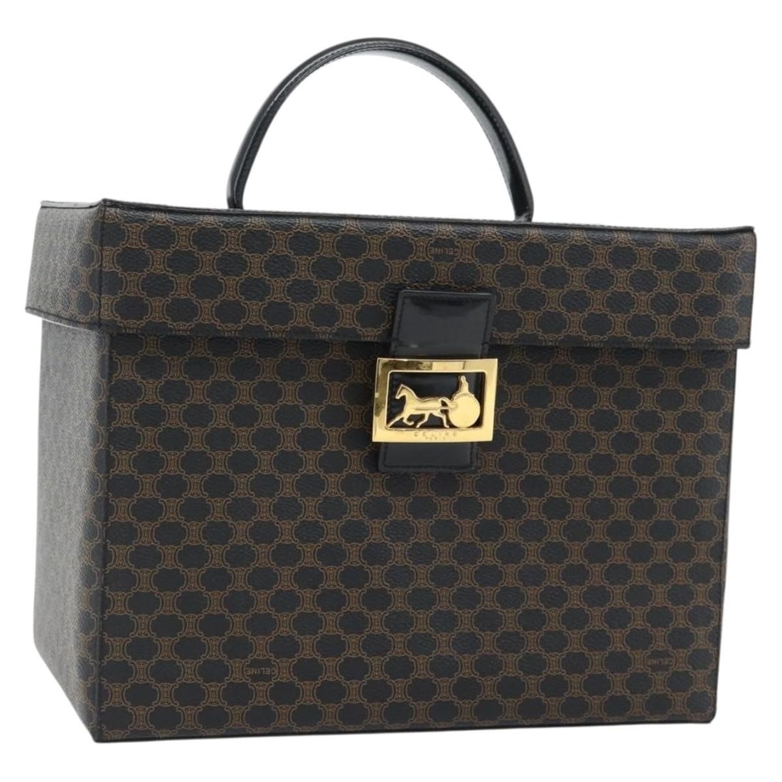 CELINE Macadam Horse Carriage Vanity Hand Bag Black PVC Leather: CELINE Macadam Horse Carriage Vanity Hand Bag Black PVC Leather CELINE Macadam Canvas Vanity Horse Carriage bag in black and gold, made in Italy from PVC leather and Macadam canvas. This hand bag meas