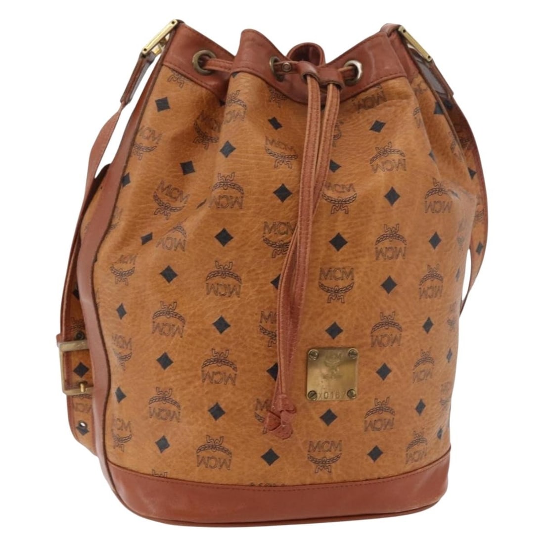 MCM brown gold PVC leather shoulder bag Vicetos logo drawstring (1 of 18)