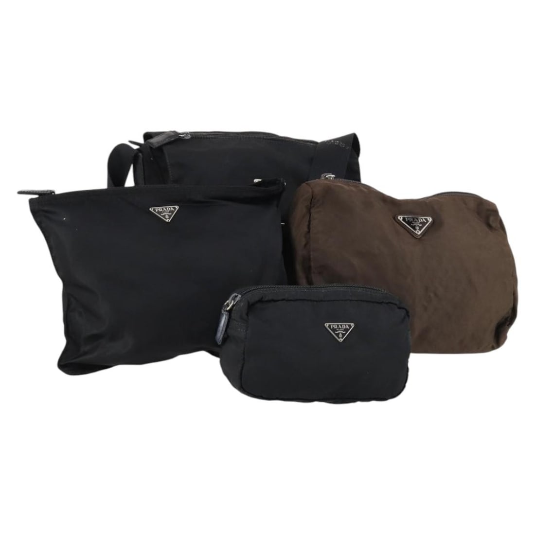 PRADA Nylon Pouch Set Black Brown Authentic 4 Pieces: PRADA Nylon Pouch Set Black Brown Authentic 4 Pieces This PRADA Pouch set is crafted from durable nylon, featuring a stylish combination of black and brown colors. The pouch is well-suited for everyda