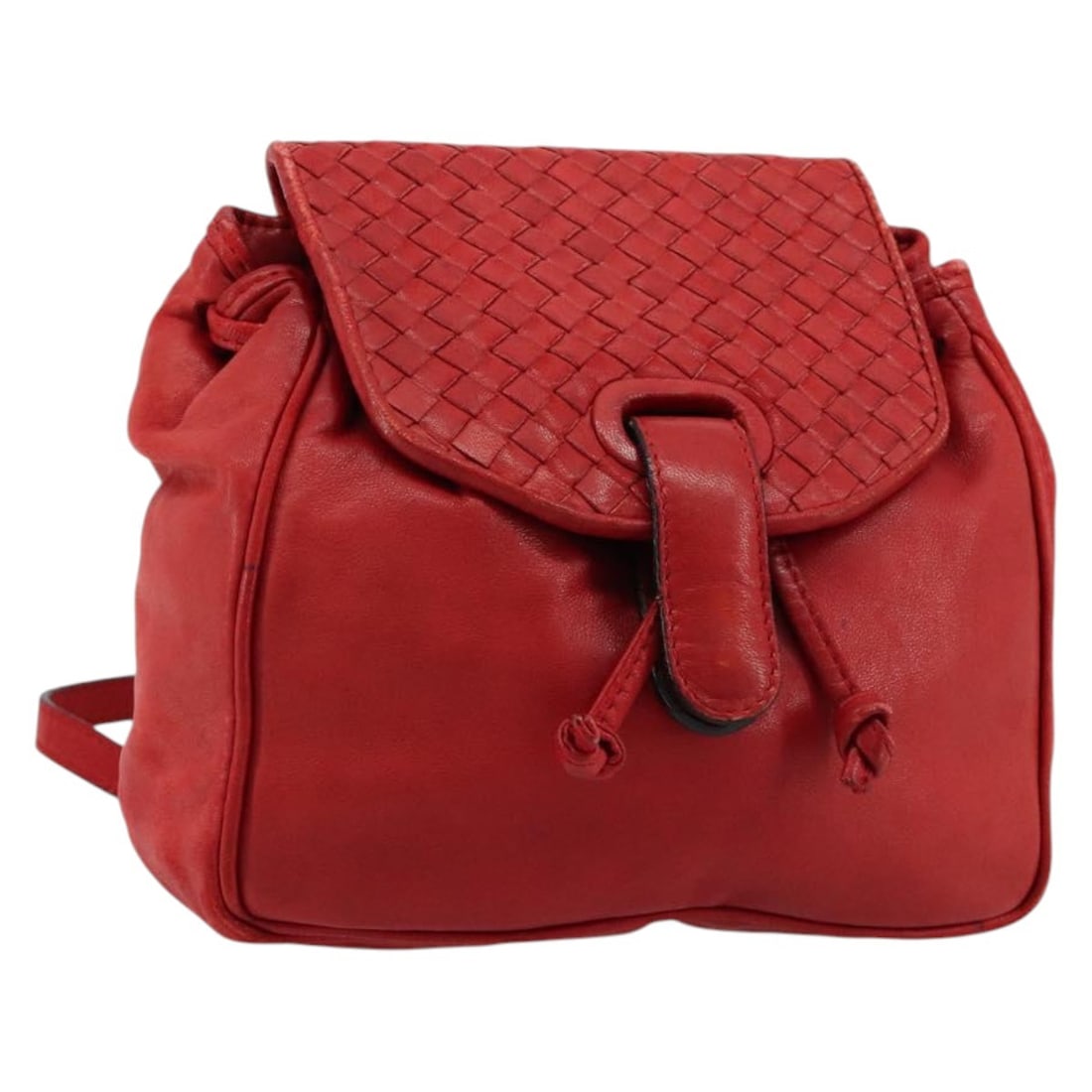 Bottega Veneta Intrecciato Leather Backpack Red Gold Tone Italy: Bottega Veneta Intrecciato Leather Backpack Red Gold Tone Italy Bottega Veneta Intrecciato backpack in red and gold leather, made in Italy. The item is described as heavily used, with visible wear inc