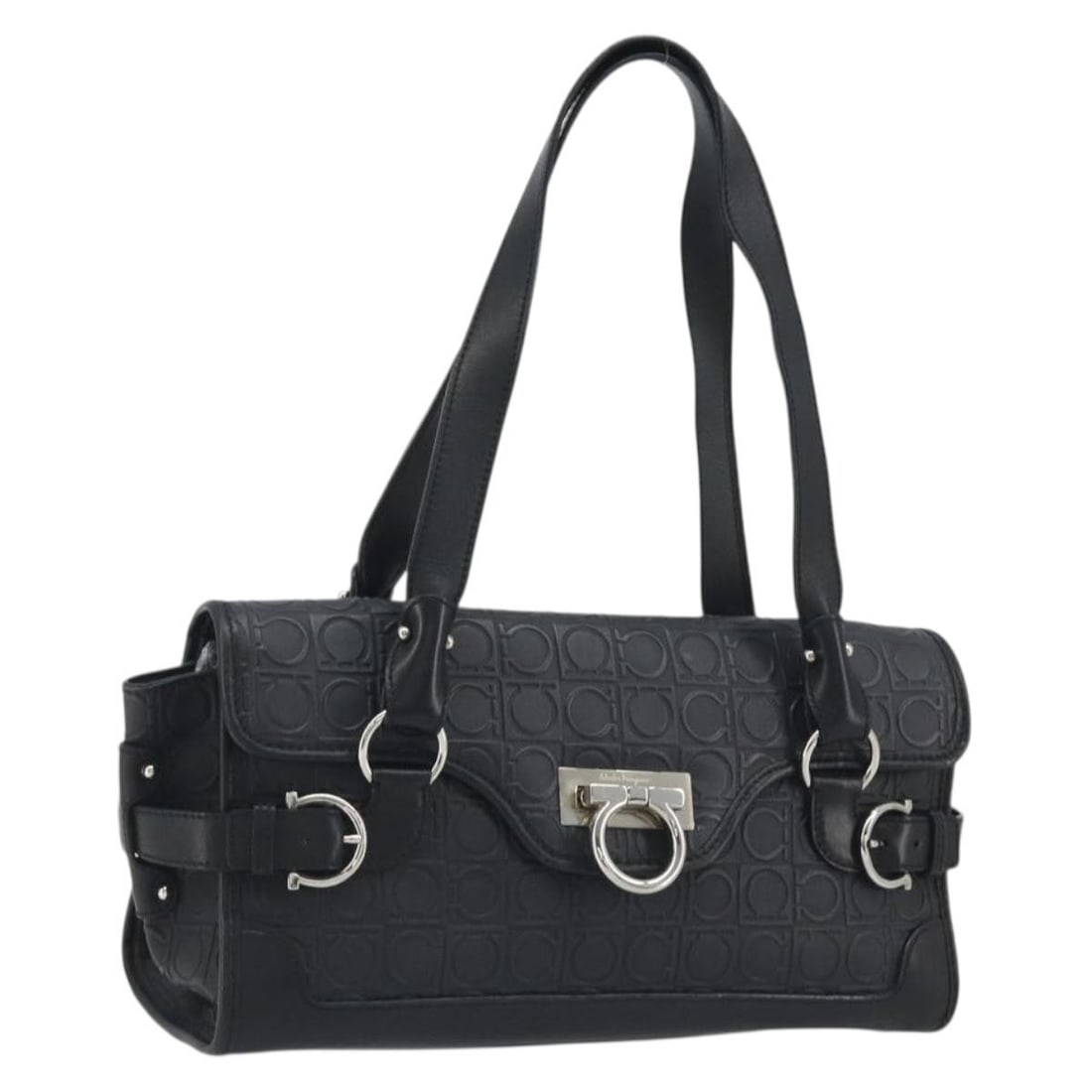 Black Leather Shoulder Bag Salvatore Ferragamo Gancini Silver Tone: Black Leather Shoulder Bag Salvatore Ferragamo Gancini Silver Tone Salvatore Ferragamo Gancini shoulder bag in black leather with silver-tone hardware. Made in Italy, this bag features a shoulder stra