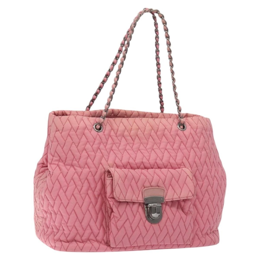 PRADA Nylon Tote Bag Pink Silver Chain Handle Guarantee Card: PRADA Nylon Tote Bag Pink Silver Chain Handle Guarantee Card A Prada chain tote bag in pink and silver, crafted from nylon. It comes with a guarantee card and was made in Turkey. The bag is described 