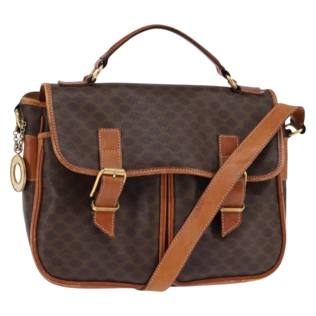 CELINE Macadam Round Shoulder Bag Brown PVC Leather: CELINE Macadam Round Shoulder Bag Brown PVC Leather Celine shoulder bag in brown Macadam canvas with PVC leather trim and gold-tone accents. Made in Italy, this women's bag has a circular silhouette a