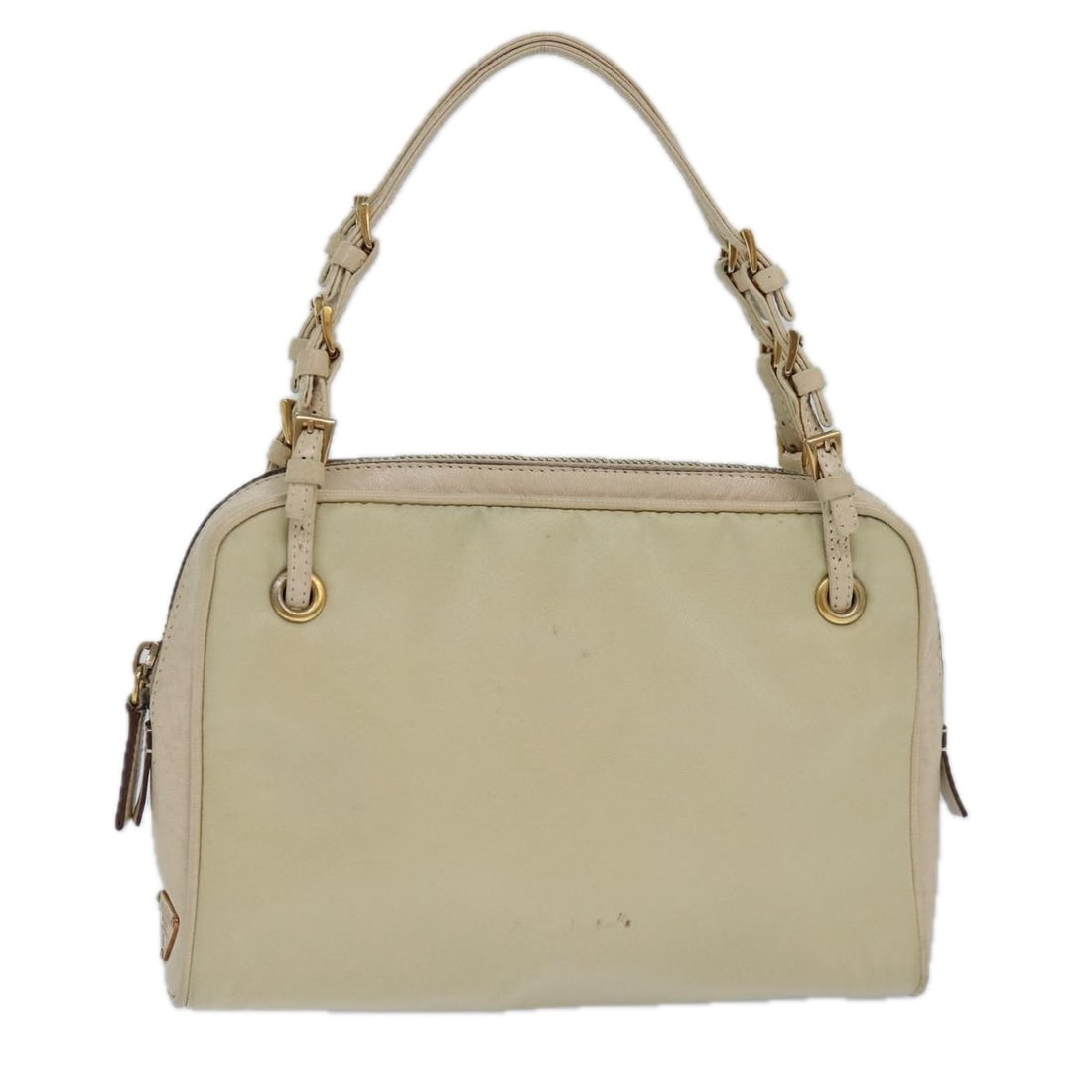 Prada nylon beige gold hand bag Italy 7.1 inch: Prada nylon beige gold hand bag Italy 7.1 inch This Prada women's handbag is crafted from nylon in a gold and beige color combination. Made in Italy, it features a compact design with a handle drop fo