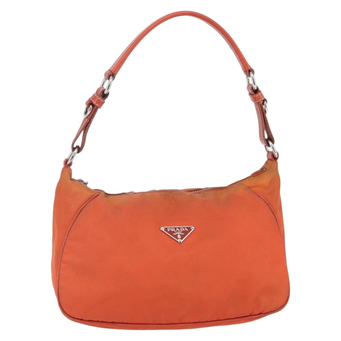 Orange Nylon Shoulder Bag by Prada Made in Italy: Orange Nylon Shoulder Bag by Prada Made in Italy Prada shoulder bag in orange nylon, made in Italy. The bag measures approximately 26 cm wide, 16 cm high, and 10 cm deep, with a shoulder drop of appro