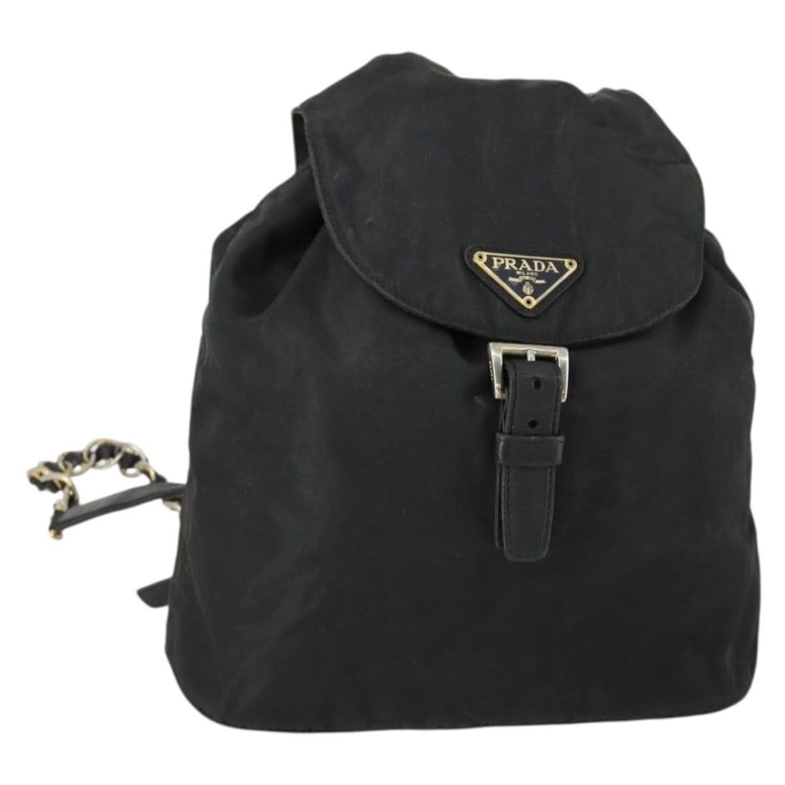 Black Nylon Prada Backpack with Gold Accents Made in Italy: Black Nylon Prada Backpack with Gold Accents Made in Italy This PRADA backpack features a black nylon exterior accented with gold-tone details. Made in Italy, the bag offers a practical design with a 