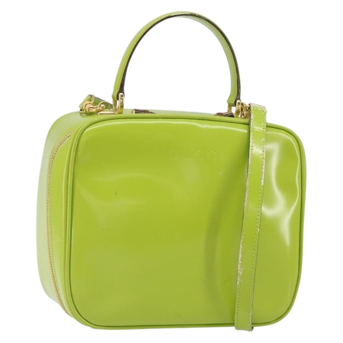 Green Enamel Bamboo Top Handle Bag with Strap by Gucci 000 2040 0323: Green Enamel Bamboo Top Handle Bag with Strap by Gucci 000 2040 0323 This GUCCI Bamboo 2-way hand bag features a green and gold enamel exterior. Designed for versatility, it can be carried by its bamb