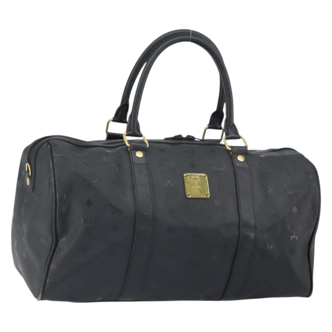 MCM Vicetos Mini Boston Bag Black Gold PVC Leather Handbag: MCM Vicetos Mini Boston Bag Black Gold PVC Leather Handbag This is an MCM Logogram Vicetos Mini Boston Bag crafted from black and gold PVC leather. The bag features dual top handles and a spacious mai