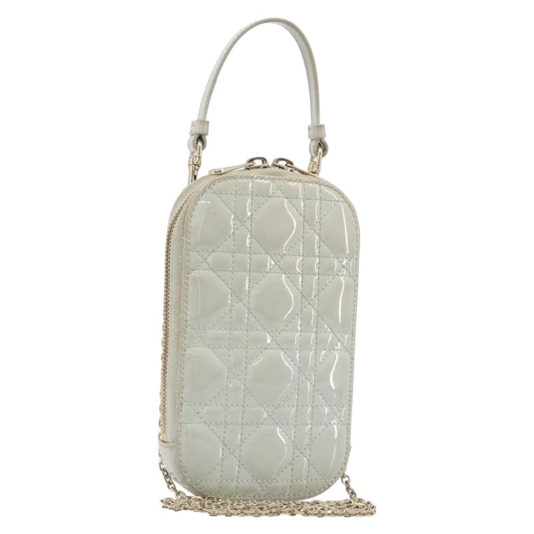 Christian Dior Cannage Patent Leather Phone Pouch Chain Shoulder Bag: Christian Dior Cannage Patent Leather Phone Pouch Chain Shoulder Bag Christian Dior Cannage phone pouch chain bag in patent leather with a light blue and gold colorway. This women's shoulder bag was m