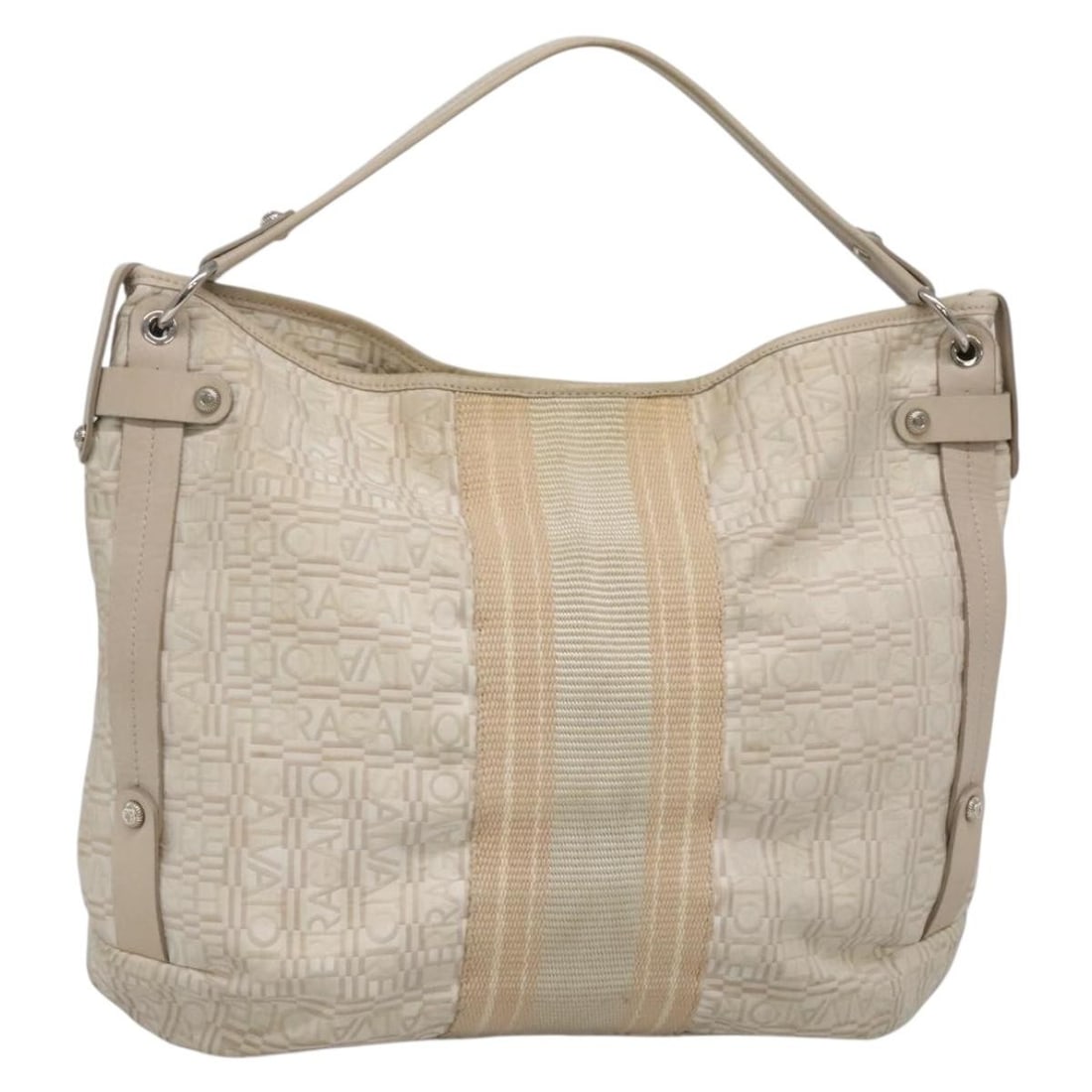 Salvatore Ferragamo Beige Silver Nylon Shoulder Bag Auth BA5336 Italy: Salvatore Ferragamo Beige Silver Nylon Shoulder Bag Auth BA5336 Italy This stylish Salvatore Ferragamo shoulder bag is crafted from durable nylon in a sophisticated beige and silver color combination.