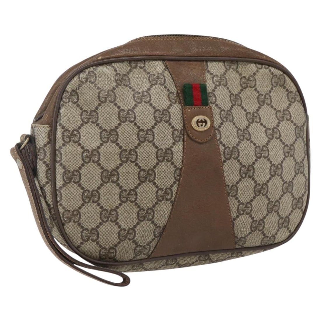 GUCCI 89 01 034 GG Supreme Sherry Web PVC clutch: GUCCI 89 01 034 GG Supreme Sherry Web PVC clutch Authentic Gucci GG Supreme Web Sherry Line clutch bag in beige and gold PVC leather with GG canvas. Made in Italy, this women's clutch is a heavily use