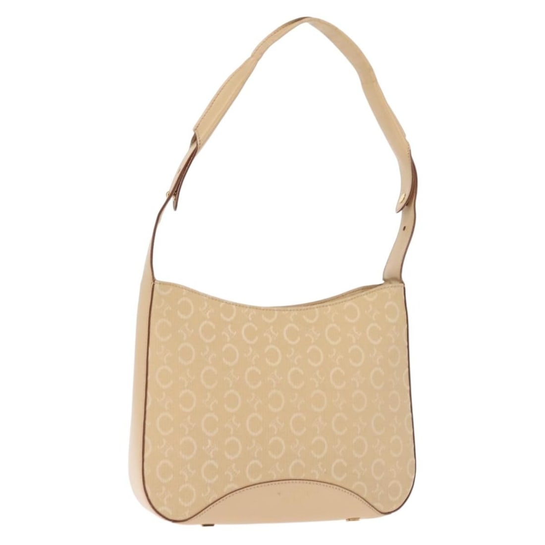 CELINE Macadam Canvas Shoulder Bag in Beige and Gold: CELINE Macadam Canvas Shoulder Bag in Beige and Gold Celine shoulder bag in beige and gold C Macadam canvas, made in Italy. This women's bag is offered without the original box or dust bag; only the i