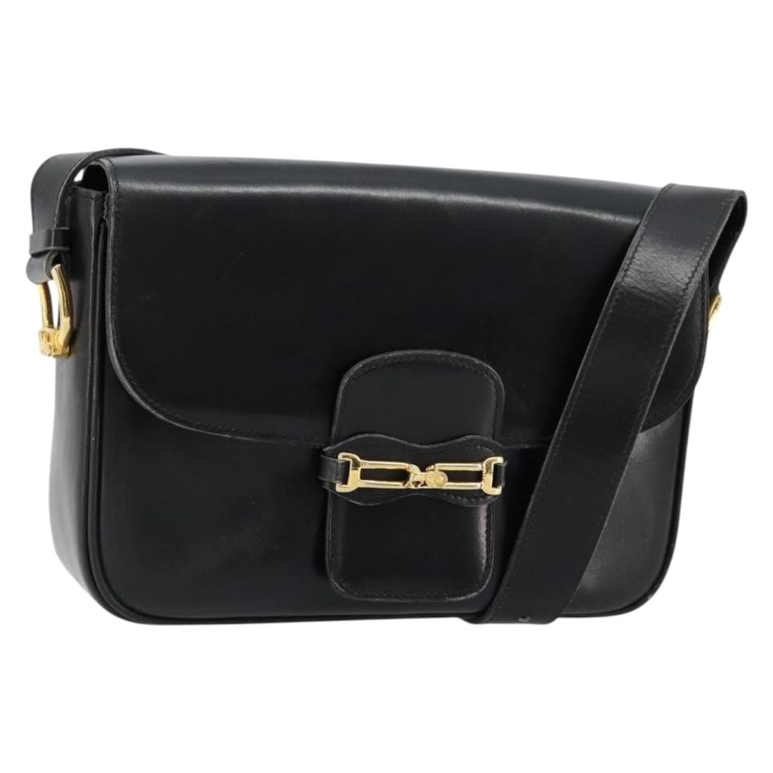 Celine Black Leather Shoulder Bag Gold Tone Hardware: Celine Black Leather Shoulder Bag Gold Tone Hardware Black leather shoulder bag by CELINE in a black and gold colorway. Made in Italy, this pre-owned bag features a shoulder strap and a compact profil