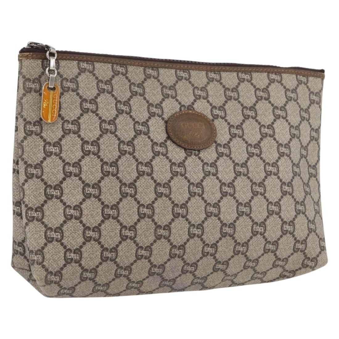 Beige PVC GG Supreme Clutch by Gucci: Beige PVC GG Supreme Clutch by Gucci This is a Gucci GG Plus Supreme clutch bag crafted from beige PVC leather and GG canvas. Designed for women, it features a compact and practical silhouette. The ba