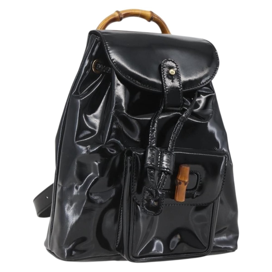 Black Patent Leather Bamboo Backpack by Gucci 003 1705 0030: Black Patent Leather Bamboo Backpack by Gucci 003 1705 0030 This GUCCI Bamboo Backpack features a black patent leather exterior with gold-tone accents. Designed for women, the backpack has a structure