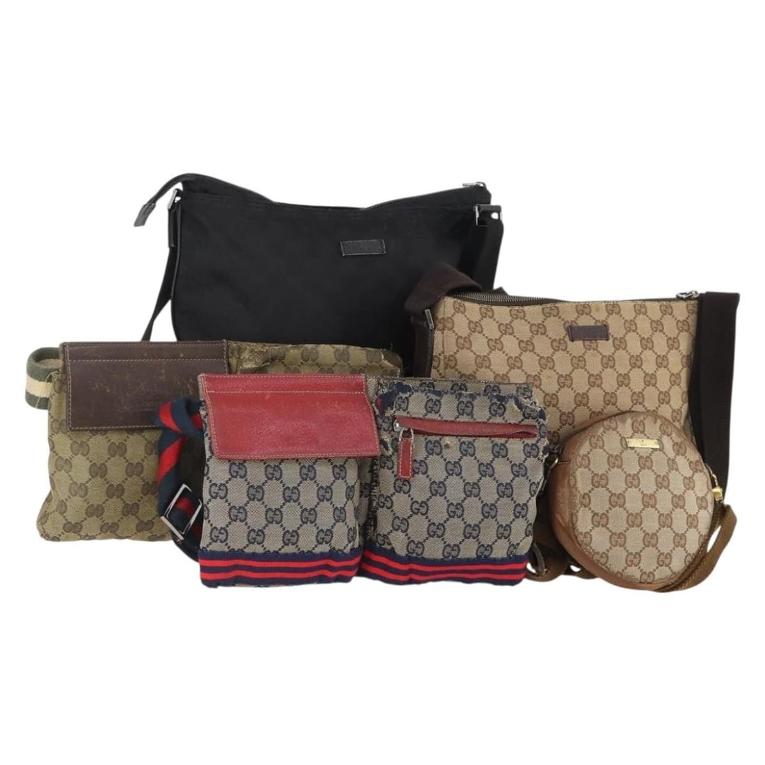 GUCCI GG Canvas Black Navy Beige Shoulder Bag Auth: GUCCI GG Canvas Black Navy Beige Shoulder Bag Auth This is a set of five GUCCI GG Canvas shoulder bags in a combination of black, navy, and beige colors. Crafted in Italy, these women's bags feature t