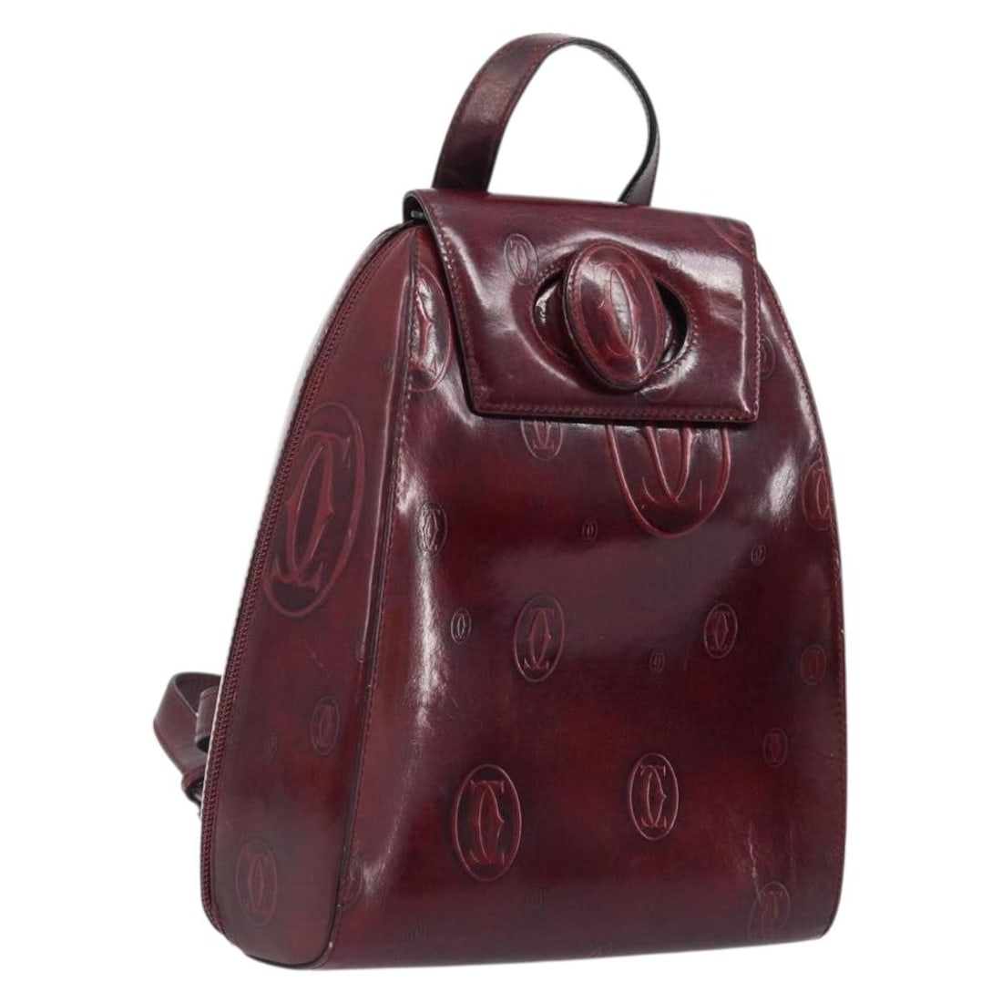 Cartier Red Patent Leather Backpack Gold Tone Spain: Cartier Red Patent Leather Backpack Gold Tone Spain Cartier women's backpack in red patent leather with gold-tone accents. Made in Spain, this heavily used bag shows visible wear throughout, including