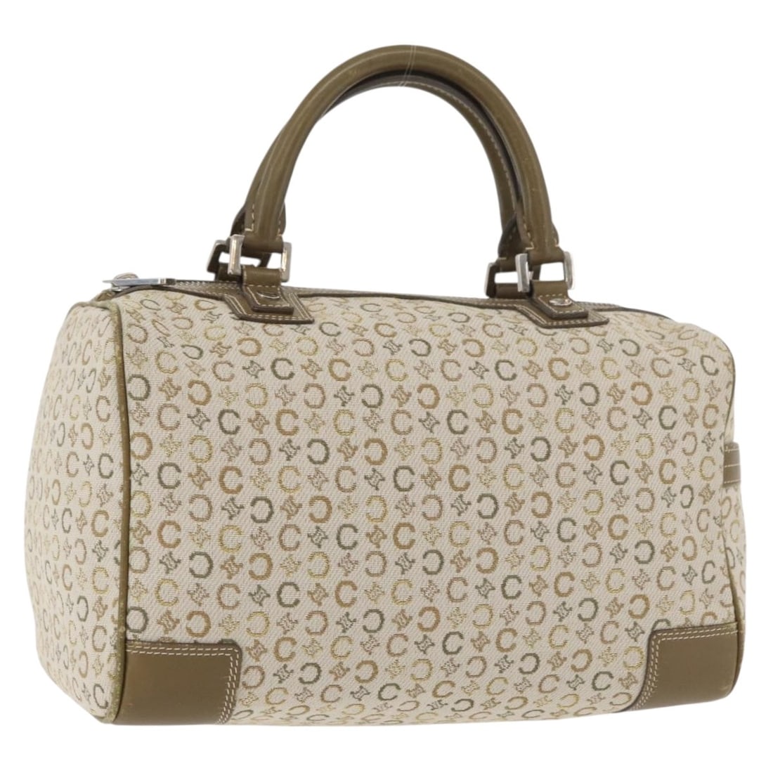 CELINE C Macadam Khaki Silver Mini Boston Bag Italy: CELINE C Macadam Khaki Silver Mini Boston Bag Italy This CELINE Boston Bag features the signature C Macadam canvas in khaki and silver tones. Designed for women, it offers a compact silhouette with a 
