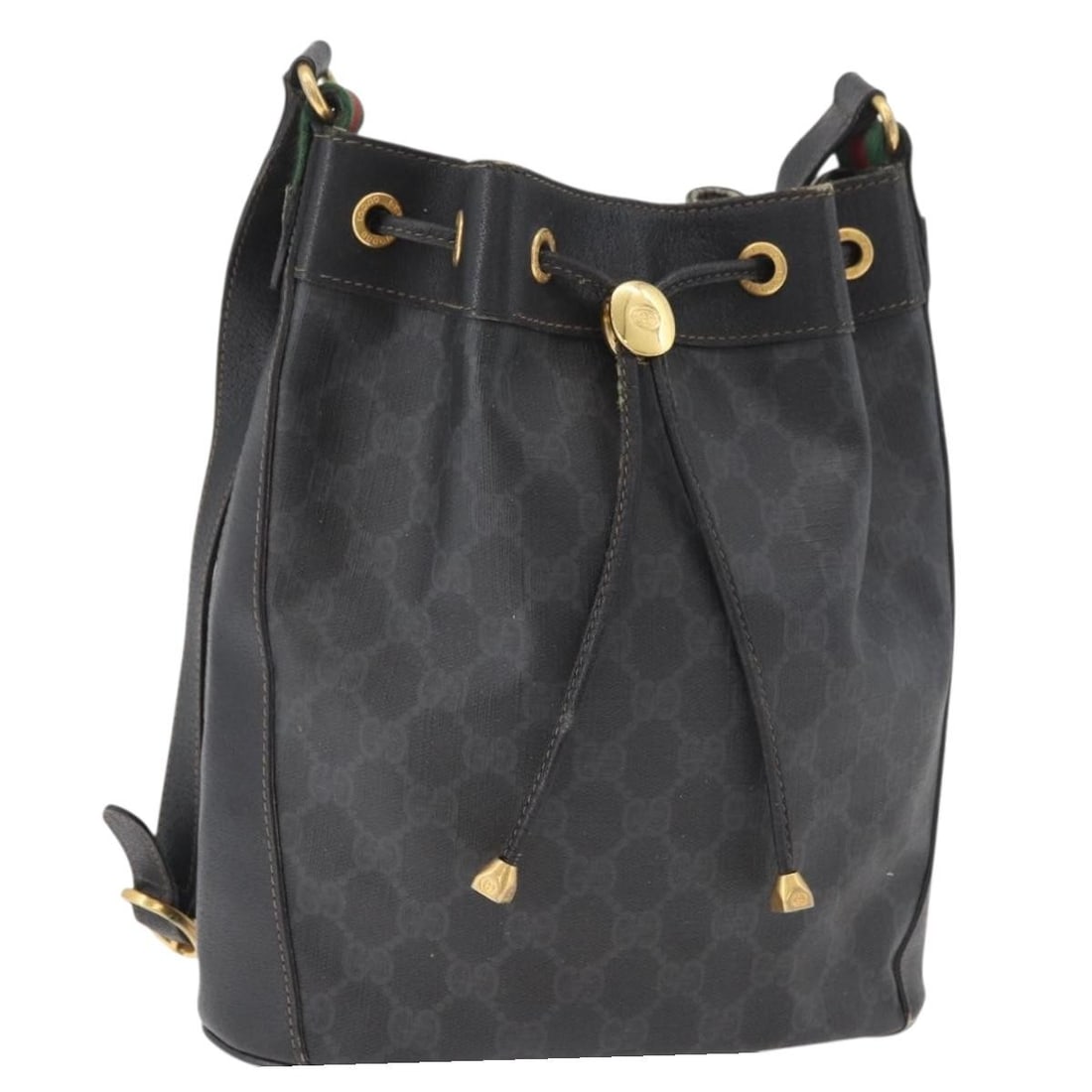 Gucci GG Supreme Web Drawstring Shoulder Bag Black Gold Italy: Gucci GG Supreme Web Drawstring Shoulder Bag Black Gold Italy This is a Gucci GG Supreme Drawstring Web Sherry Line shoulder bag crafted from black PVC leather and GG canvas with gold-tone accents. Ma