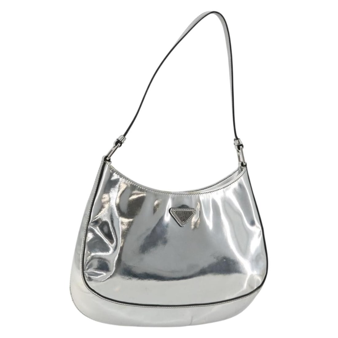 Prada Creo Patent Leather Shoulder Bag Silver Made in Italy: Prada Creo Patent Leather Shoulder Bag Silver Made in Italy A Prada Creo shoulder bag in silver patent leather, made in Italy. This shoulder bag measures approximately 26 cm wide, 15 cm high, and 5 cm