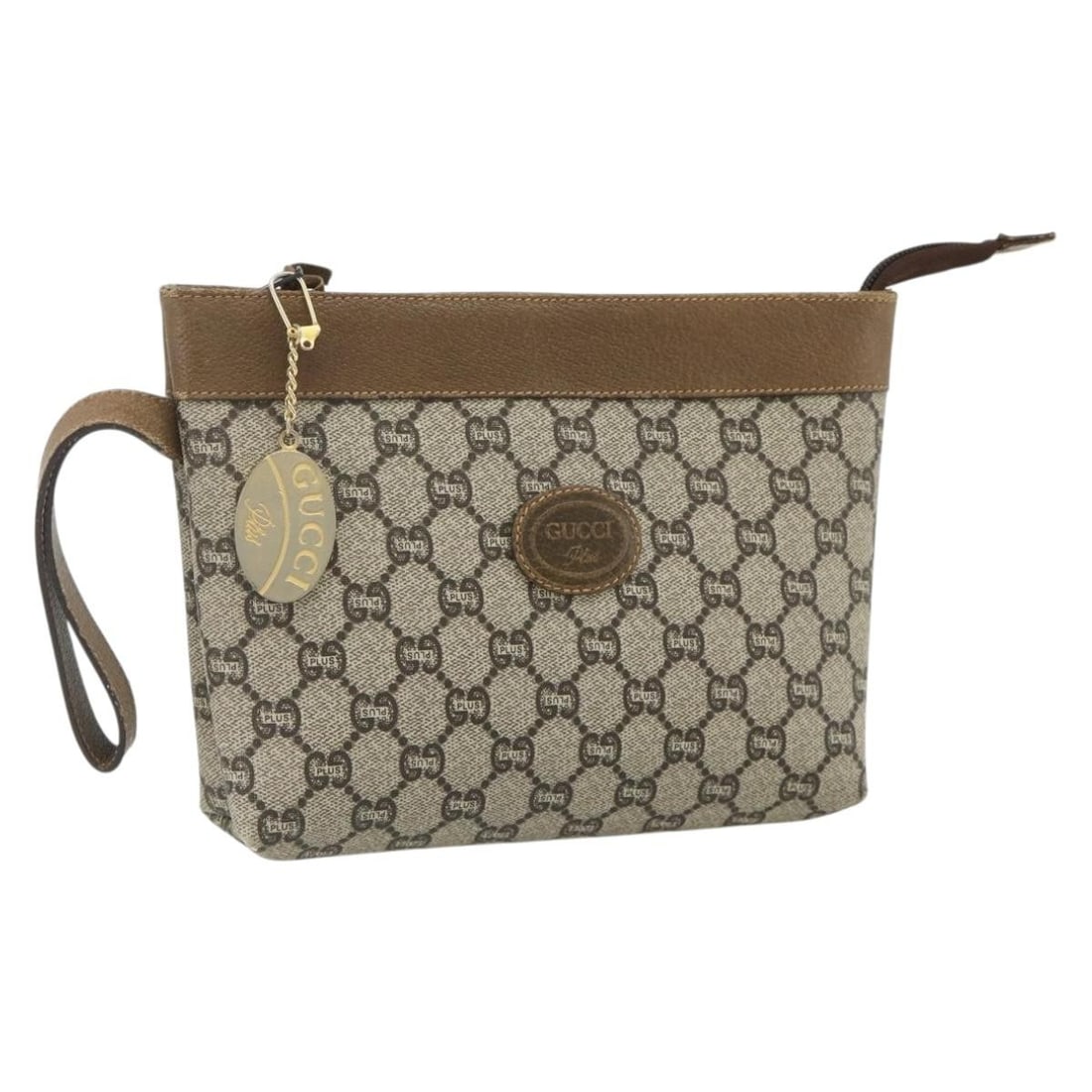 Gucci GG Plus Supreme PVC beige gold clutch bag: Gucci GG Plus Supreme PVC beige gold clutch bag This Gucci GG Plus Supreme clutch bag features a gold and beige color scheme and is crafted from PVC leather with GG canvas detailing. Designed for wome