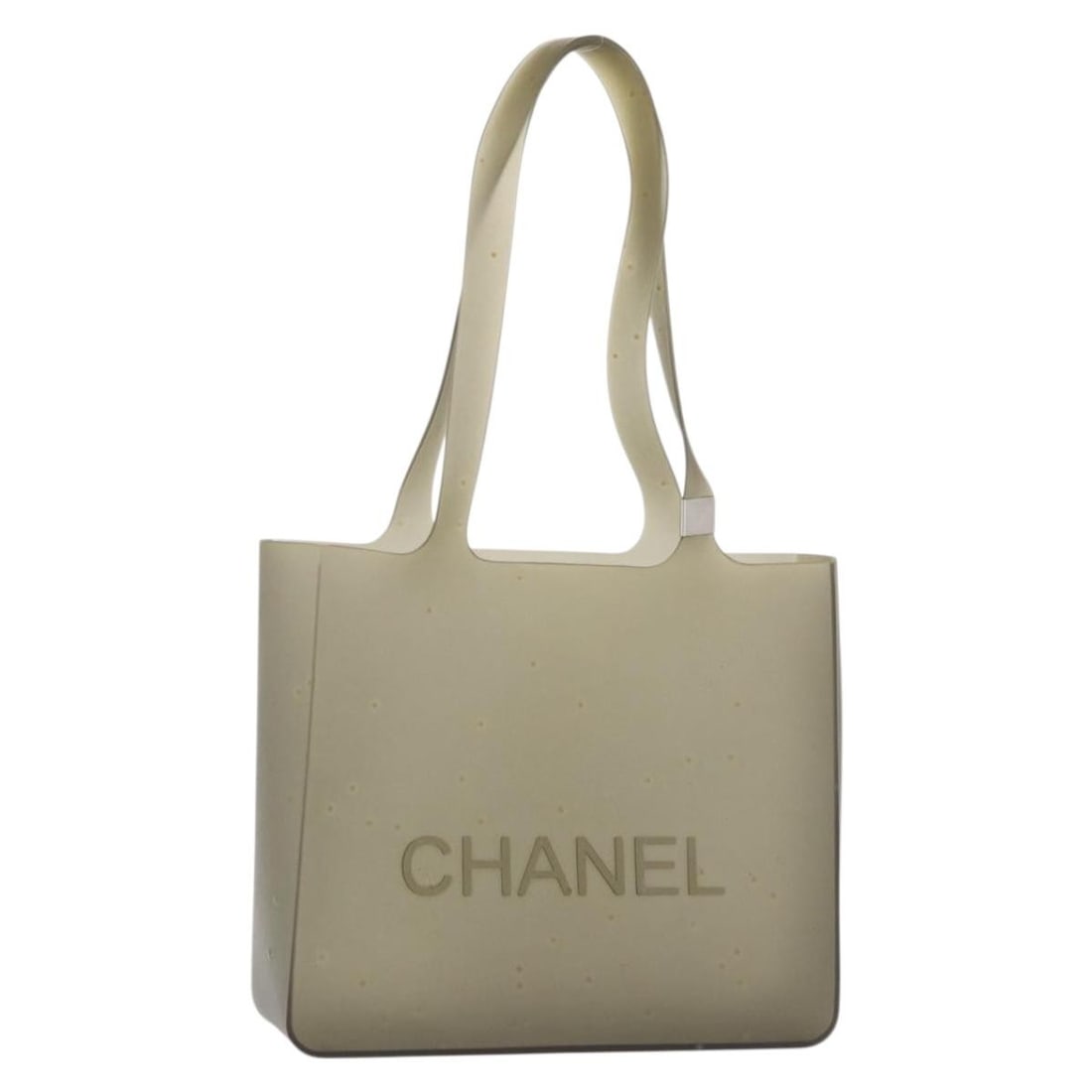 CHANEL Rubber Tote Bag Gray Silver CC: CHANEL Rubber Tote Bag Gray Silver CC CHANEL tote bag in gray and silver rubber, designed for women. The bag measures approximately 25 cm wide, 21 cm high, and 7 cm deep, with an approximate handle dr