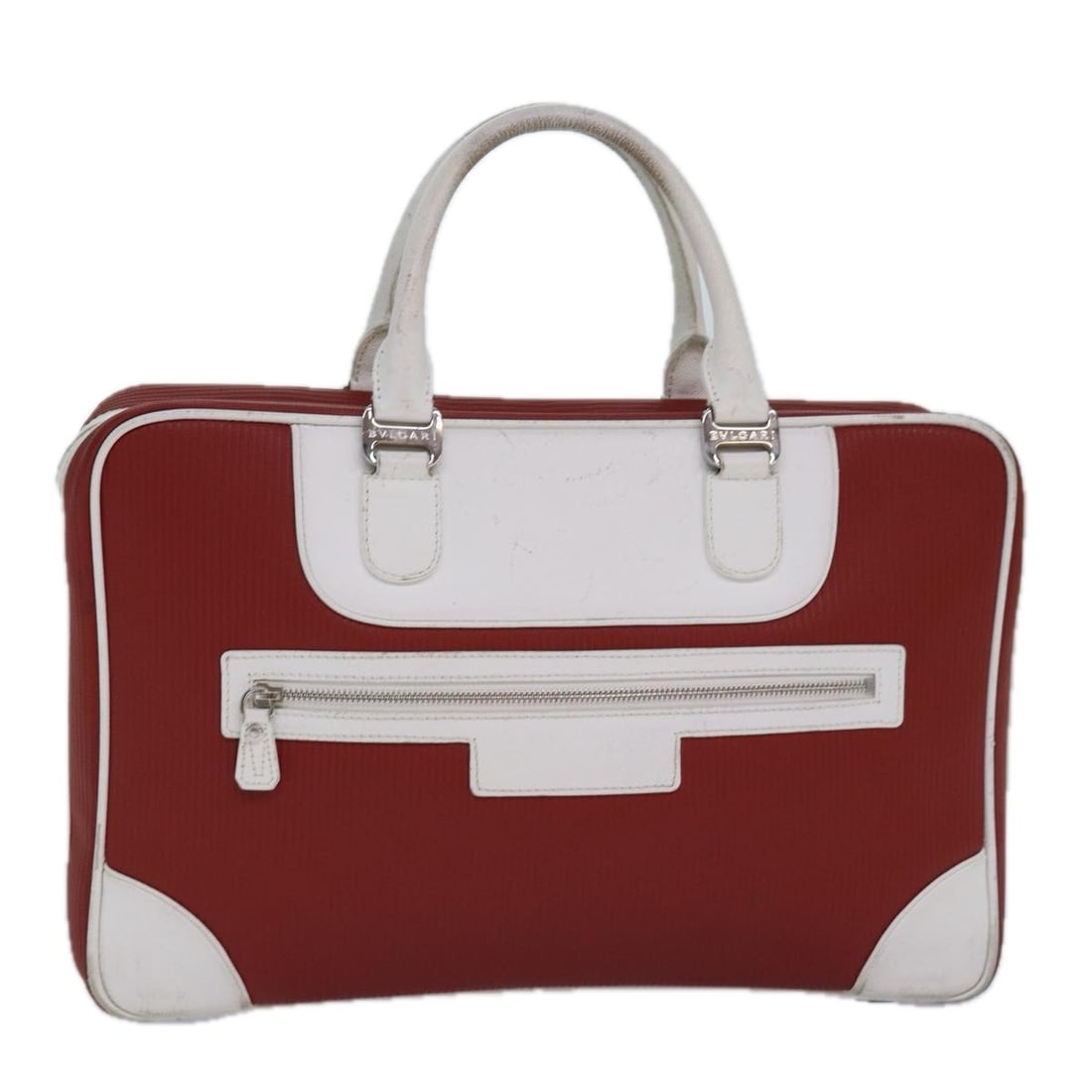 BVLGARI Leather Handbag in Red White and Silver: BVLGARI Leather Handbag in Red White and Silver Bvlgari women's leather handbag in a red, white, and silver colorway, made in Italy. This handbag is offered without the original box or dust bag and in