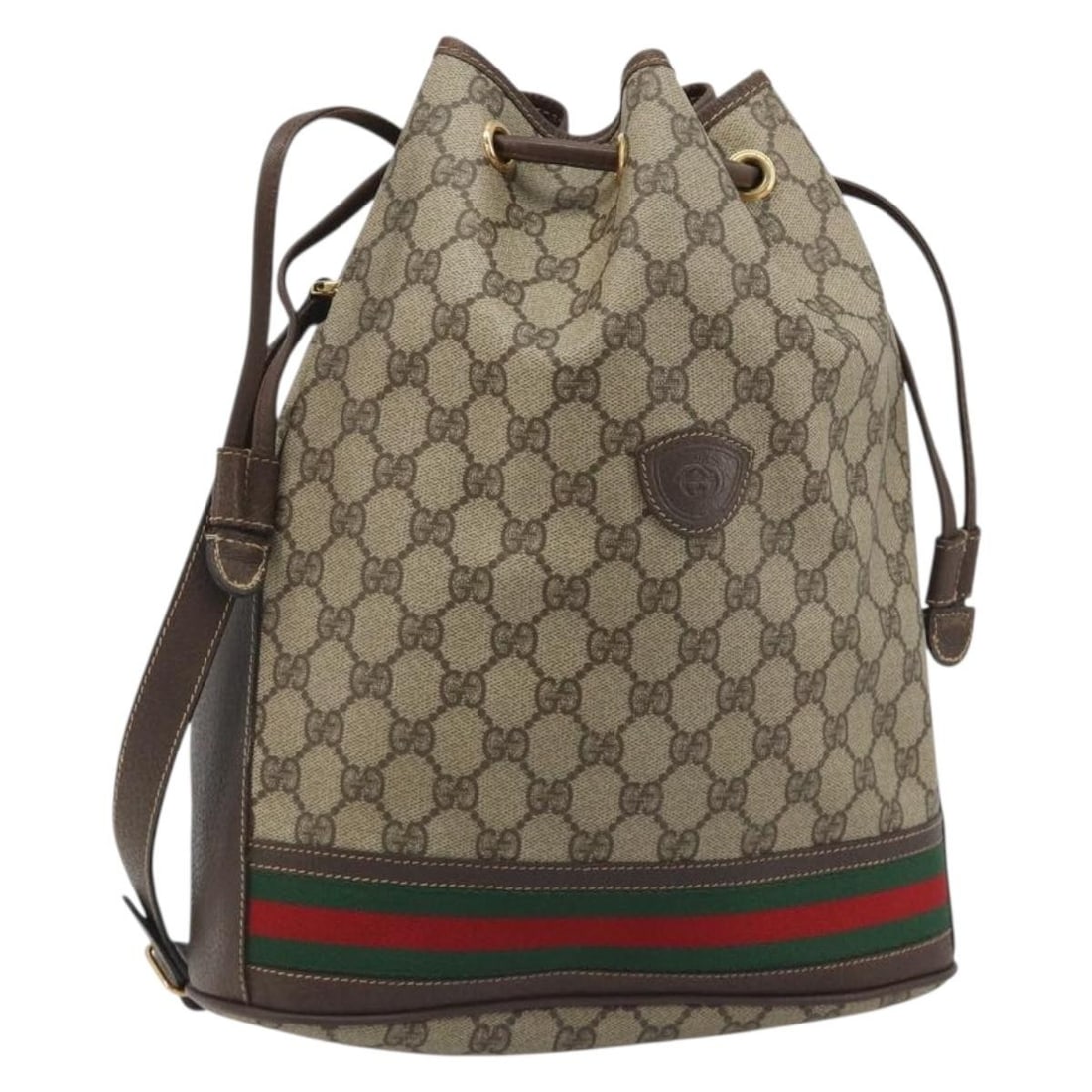 Gucci Sherry Line GG Supreme PVC Shoulder Bag Beige Gold 001 41 0850: Gucci Sherry Line GG Supreme PVC Shoulder Bag Beige Gold 001 41 0850 Gucci GG Supreme Web Sherry Line shoulder bag in beige and gold, made from PVC leather/GG canvas and made in Italy. The bag measure