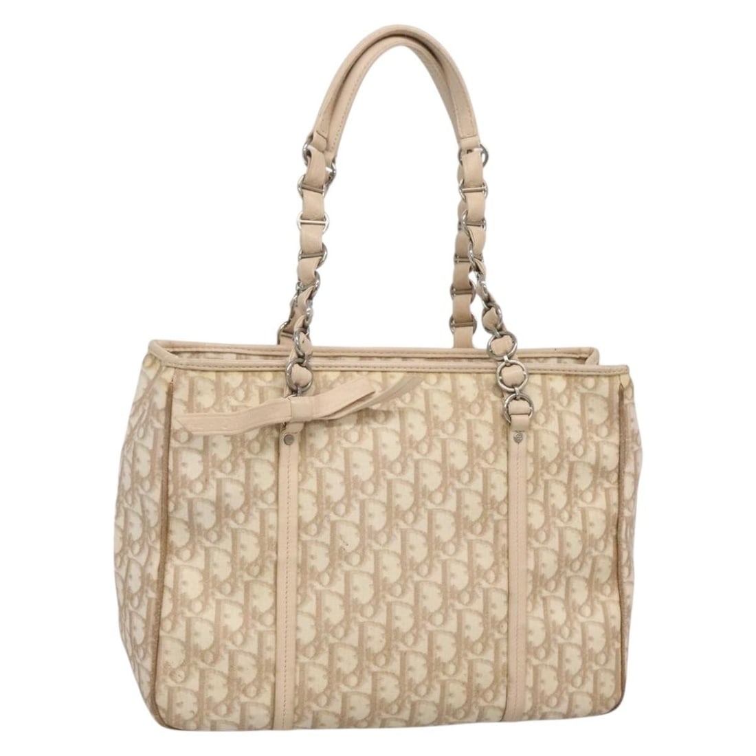 Christian Dior Romantic Tote Bag Beige Trotter Canvas PVC Leather: Christian Dior Romantic Tote Bag Beige Trotter Canvas PVC Leather Christian Dior tote bag in beige and silver, made from PVC leather and Trotter canvas. This pre-owned bag is made in Italy and feature