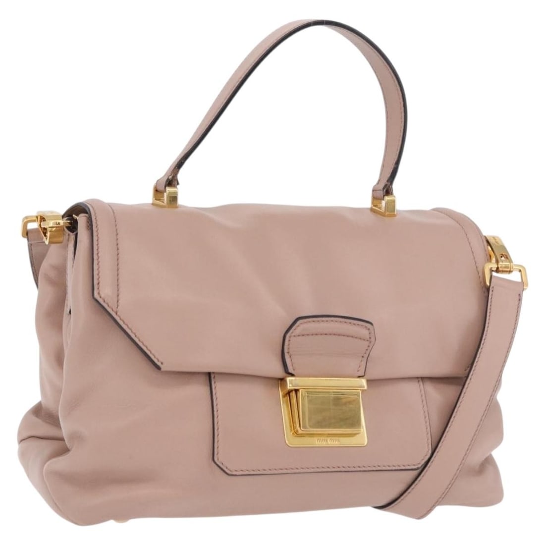 Miu Miu Pink Leather 2 Way Handbag with Shoulder Strap: Miu Miu Pink Leather 2 Way Handbag with Shoulder Strap Miu Miu leather 2way handbag in pink and gold, made in Turkey. It comes with a shoulder strap and features a hand bag style. The item is in heavi