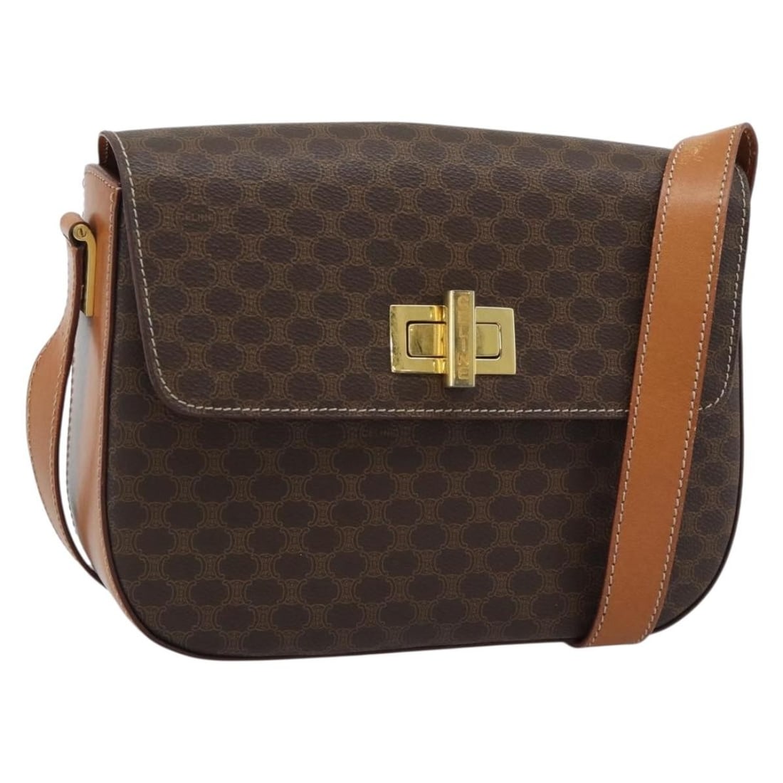 Celine Macadam PVC Leather Shoulder Bag Brown Gold Tone: Celine Macadam PVC Leather Shoulder Bag Brown Gold Tone This CELINE shoulder bag is crafted from Macadam canvas with PVC leather in a brown and gold colorway. It features a shoulder strap with an appr
