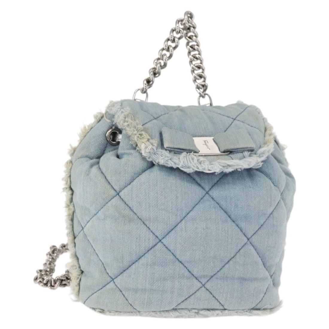 Salvatore Ferragamo Vala 2way Denim Backpack Blue Silver Tone: Salvatore Ferragamo Vala 2way Denim Backpack Blue Silver Tone Salvatore Ferragamo Vala backpack in blue and silver canvas. This 2-way style measures approximately W15 cm x H16 cm x D7 cm (W5.9 x H6.3 