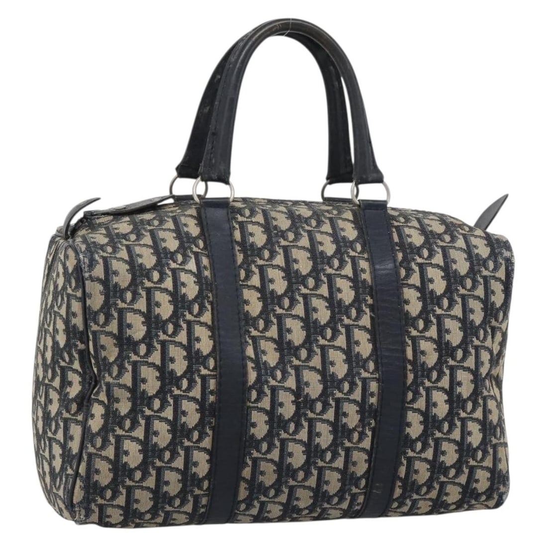 Christian Dior Boston Bag in Navy Silver Trotter Canvas: Christian Dior Boston Bag in Navy Silver Trotter Canvas Christian Dior Trotter Canvas Boston Bag in navy and silver, made in France. This women's bag is crafted from Trotter Canvas and features a Bost
